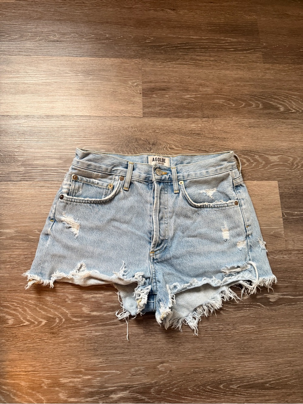 Aritzia AGOLDE Light Blue Distressed Denim Shorts